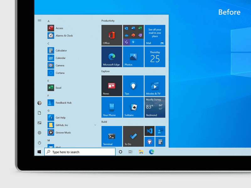 Windows 10: Start menu before and after