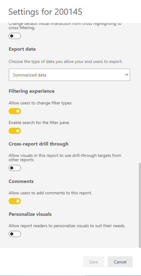 PowerBI portal - Setting for a report - Filtering experience