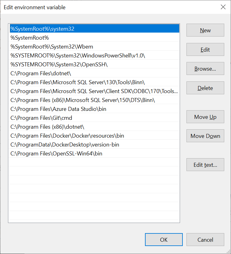 Edit environment variable on Windows 10