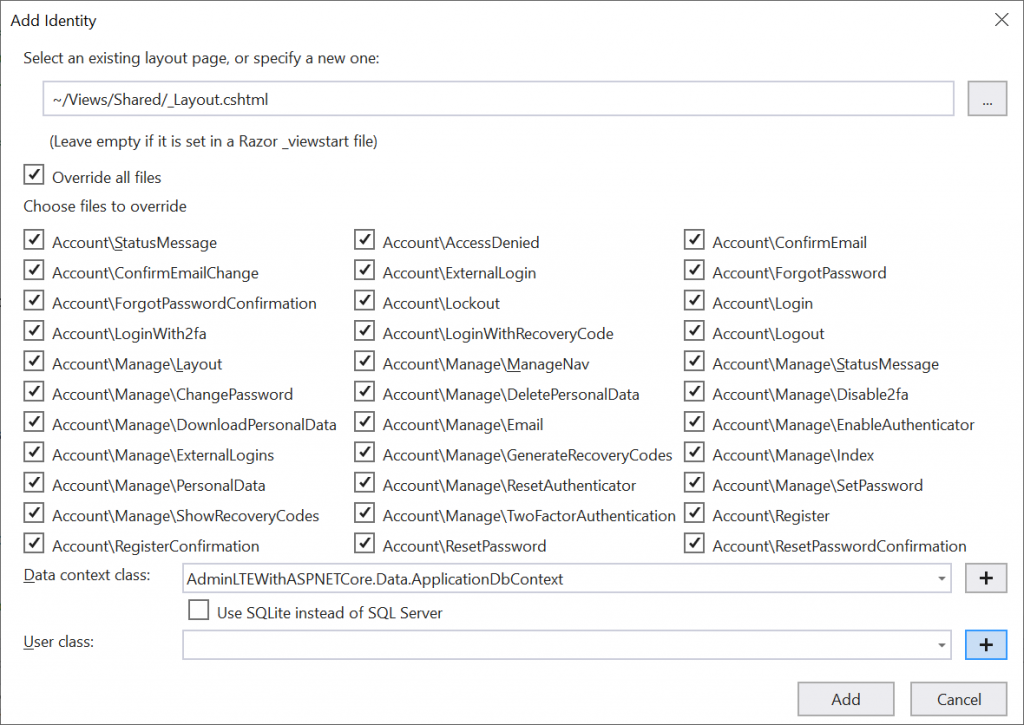 Add Identity in Visual Studio 2019 - Integration with Identity in AdminLTE project