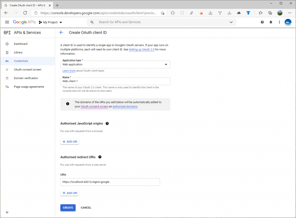 Create OAuth client ID on Google