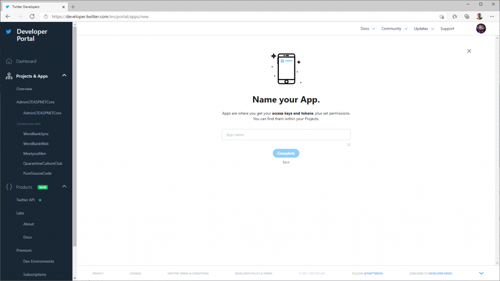 Name your app on Twitter Developer Portal