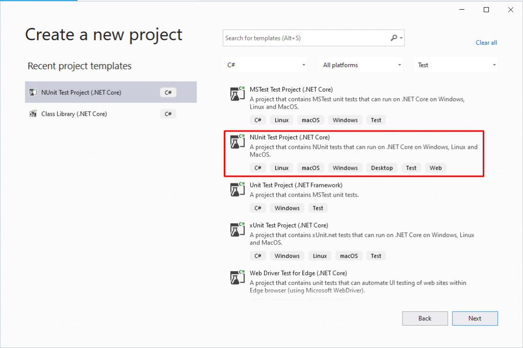 Create a NUnit project with Visual Studio 2019