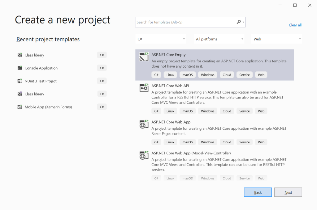 Create a new project with Visual Studio 2019 - Datatables in ASP.NET Core Server-Side