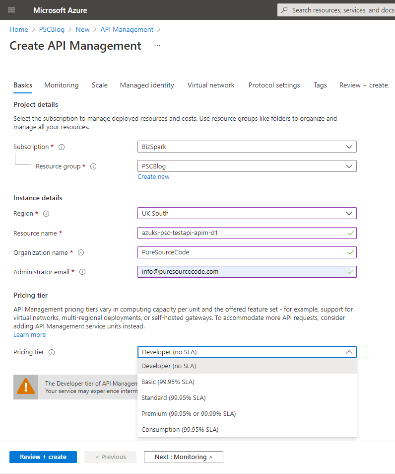 Create API Management: Basic tab - How to use an Azure API Management Service