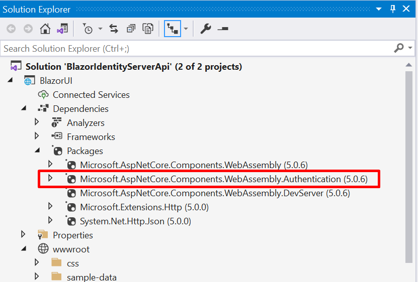 Dependencies part in the Solution Explorer - Secure Blazor WebAssembly with IdentityServer4
