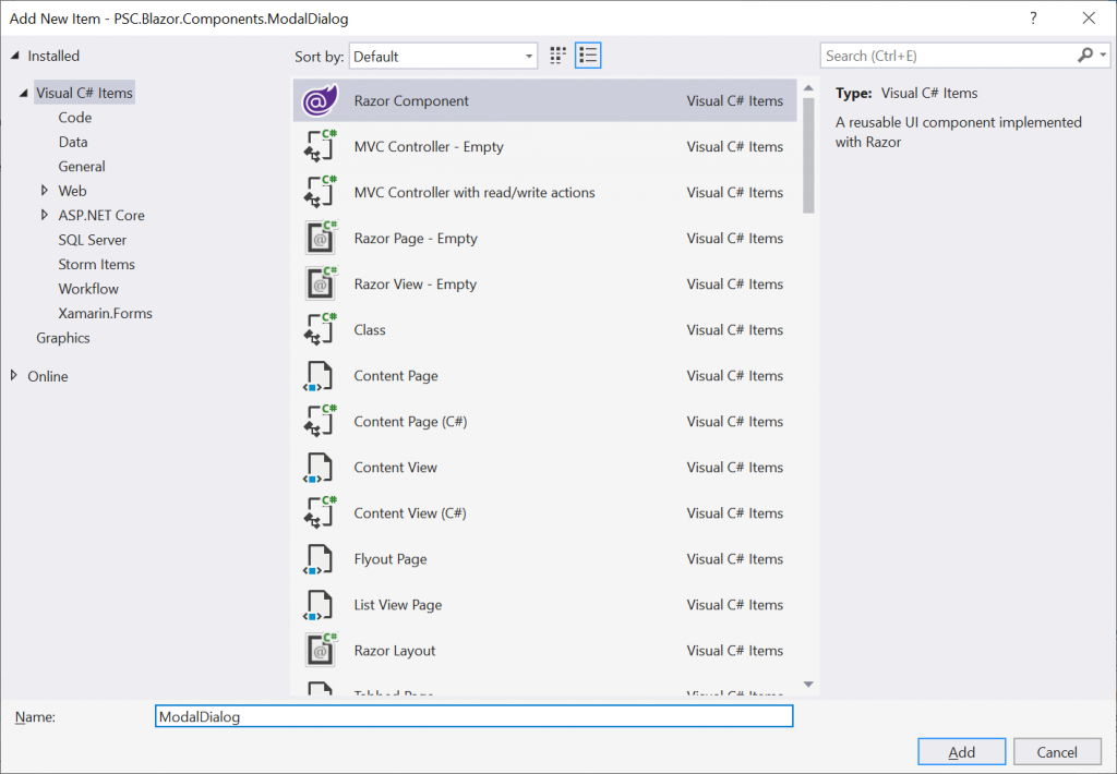 Add New Item in Visual Studio 2019 - Modal Dialog component for Blazor