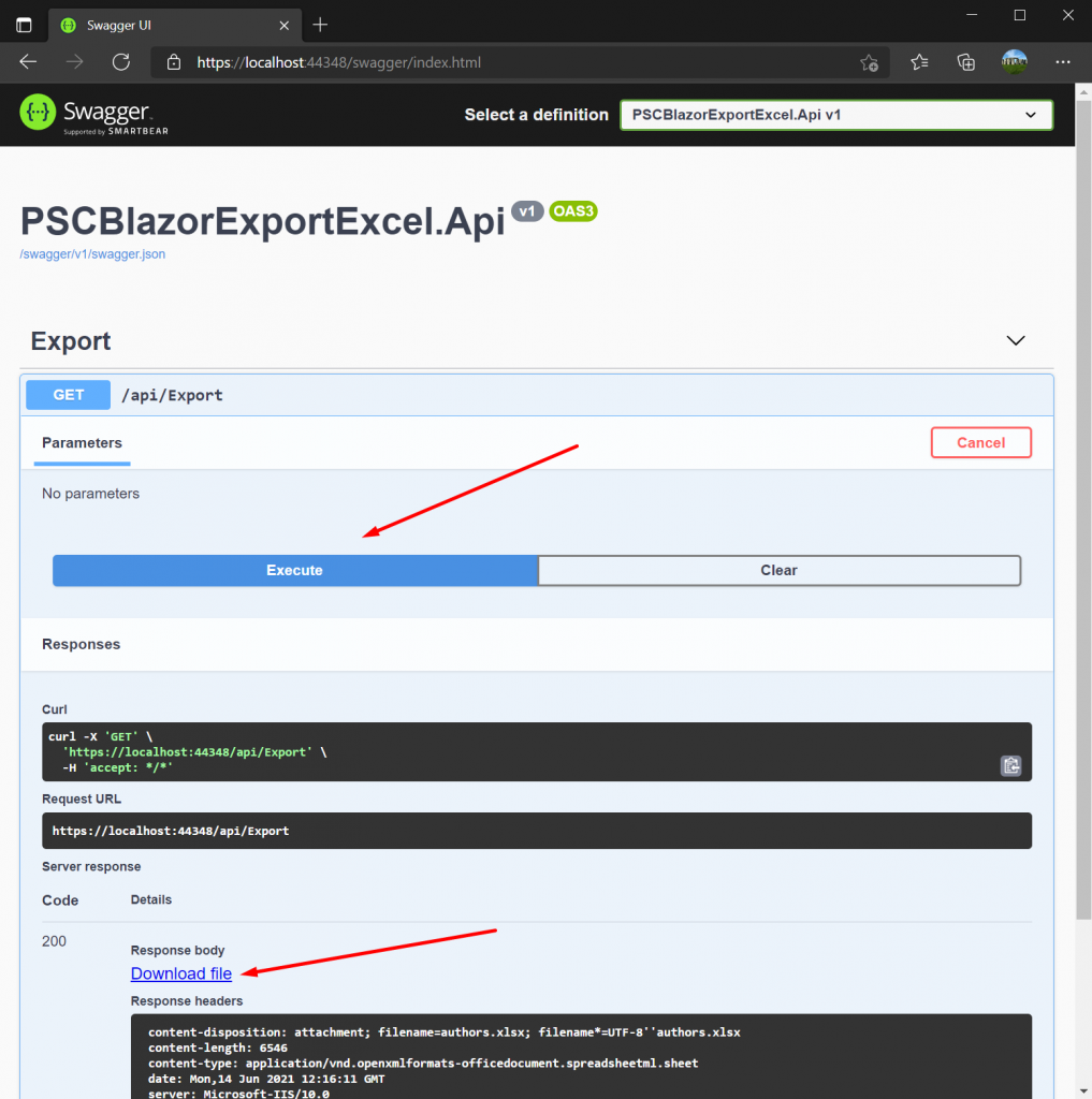 Download file from Swagger documentation - How to Export Data to Excel in Blazor