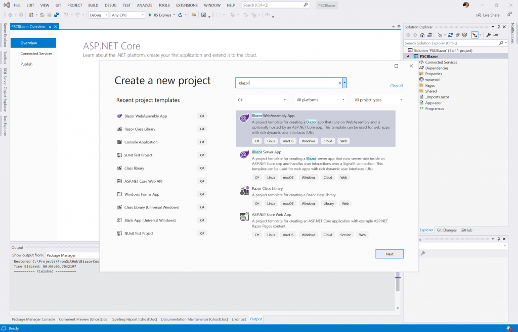 Visual Studio 2019 - Create a new project - Write a reusable Blazor component