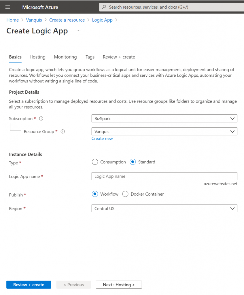 Form for creating a new Logic App