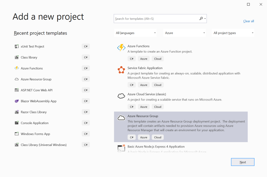 Add a new project for Azure Resource Group