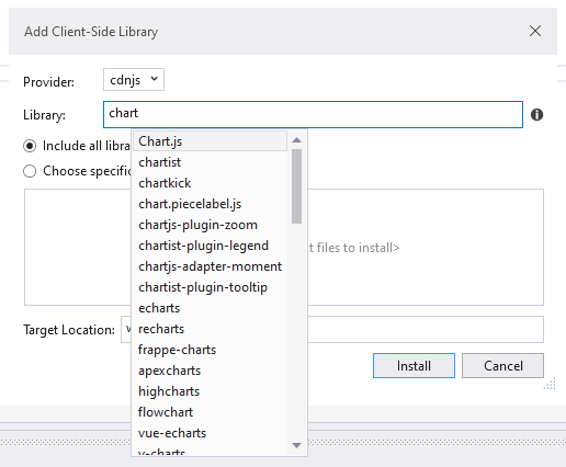 Add Client-Side Library window - Using Chart.js with Blazor