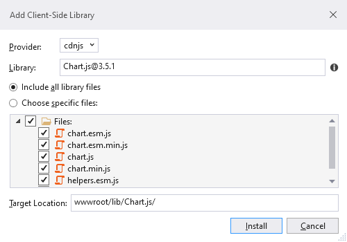  Add Client-Side Library window - Select chart.js - Using Chart.js with Blazor