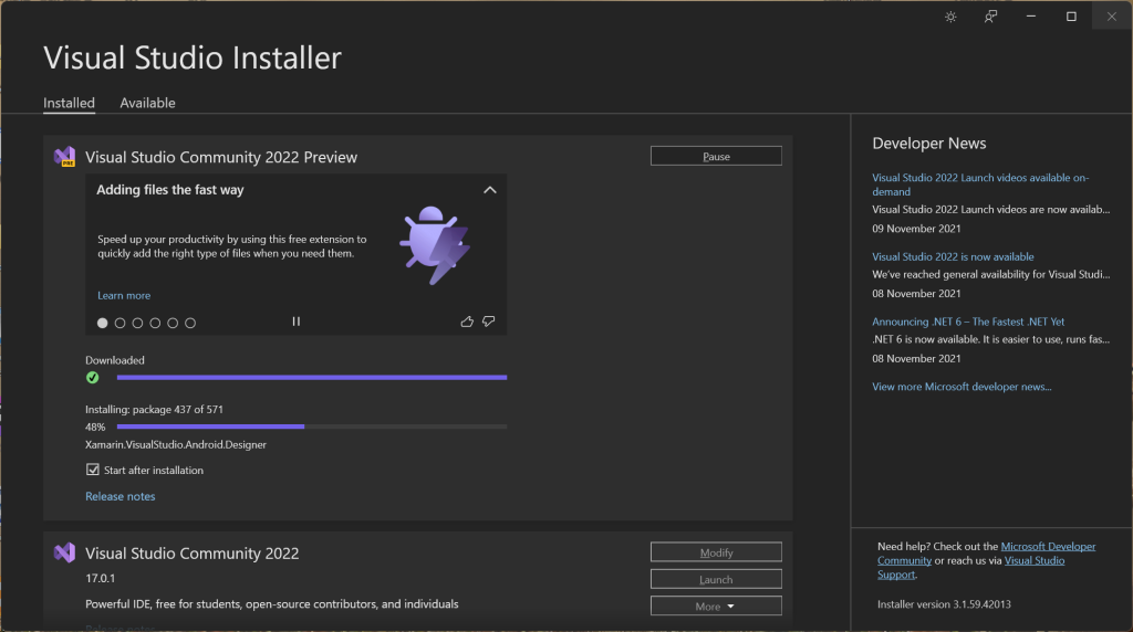 Visual Studio Installer in progress - Install MAUI with Visual Studio 2022 (Preview)
