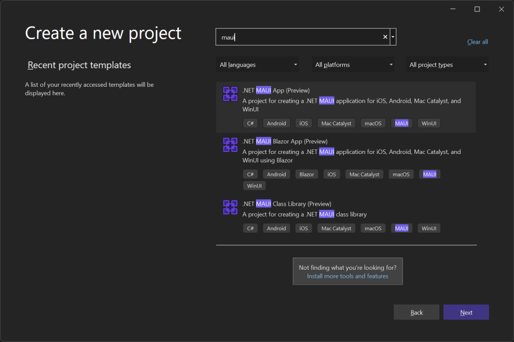 Create a new project with MAUI - Install MAUI with Visual Studio 2022 (Preview)