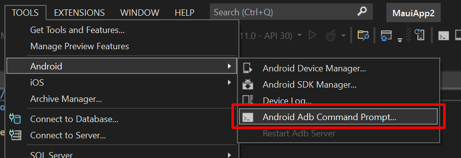 Android Adb Command Prompt in Visual Studio 2022