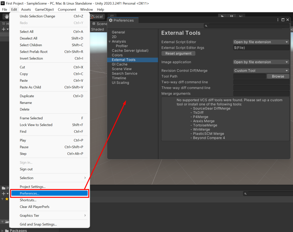 Unity Preferences menu and the main External Tools window