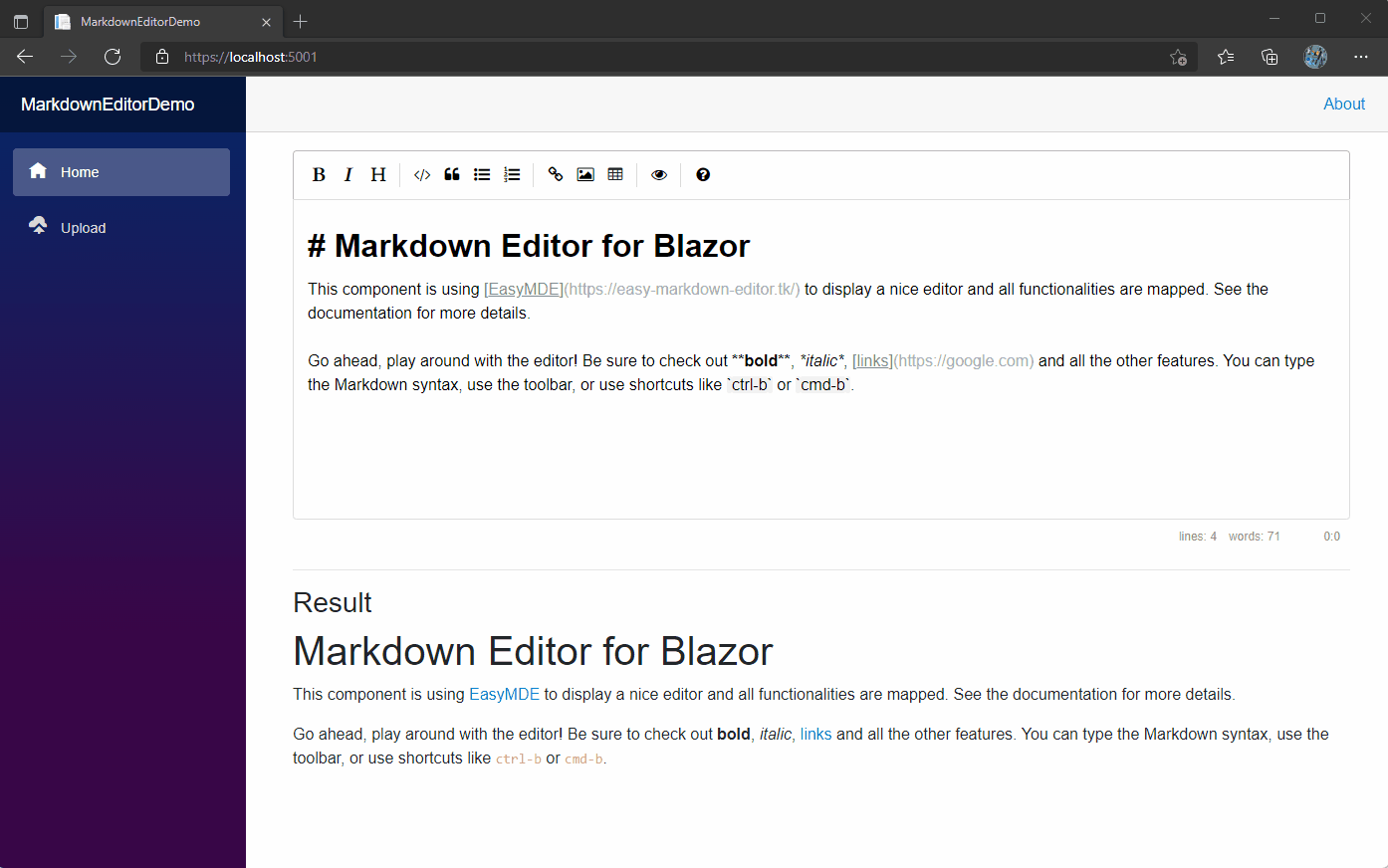 Markdown Editor component for Blazor in action