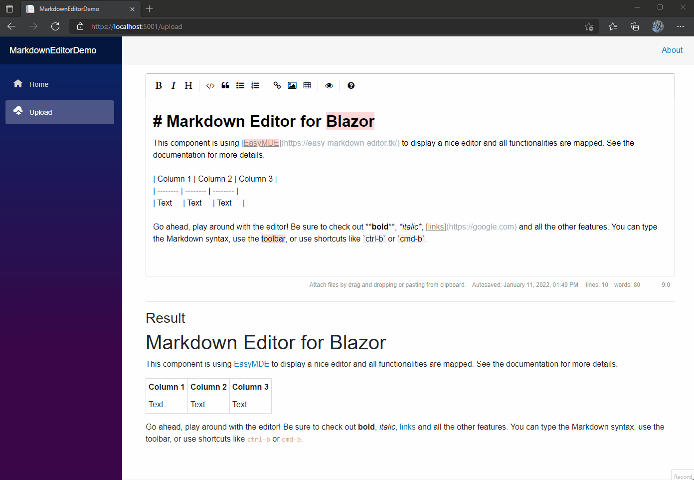 Markdown Editor component for Blazor Upload example