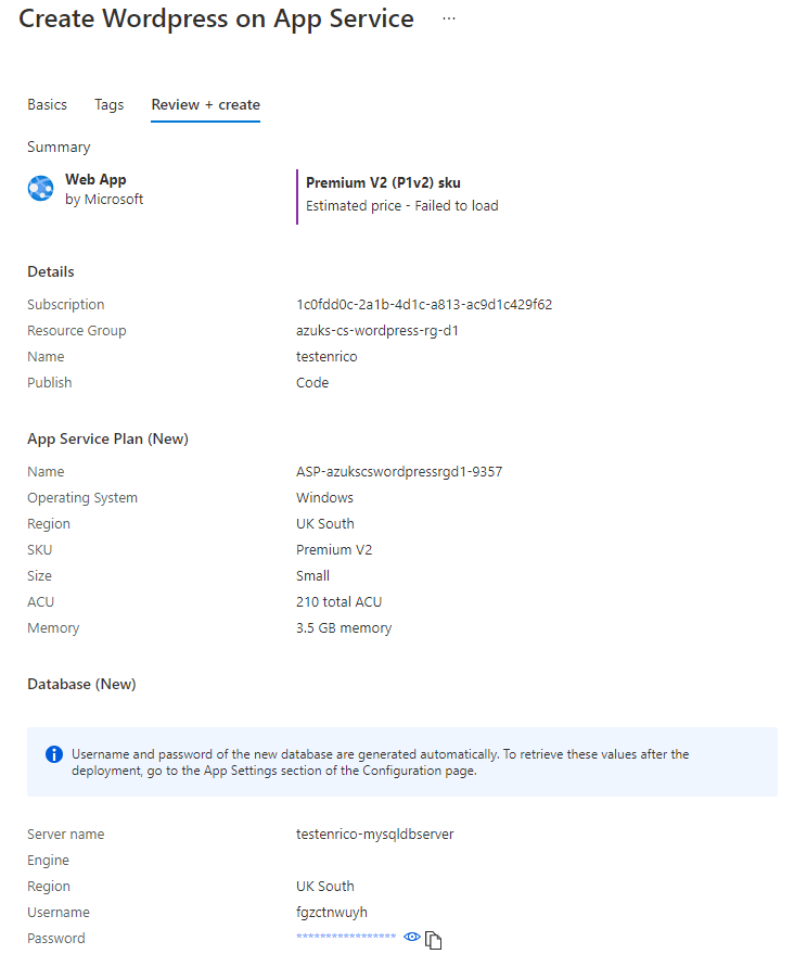 Review of the creation of a new WordPress on the Azure portal - Deploy WordPress with Azure DevOps