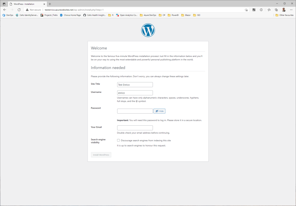 WordPress configuration: blog details - Deploy WordPress with Azure DevOps