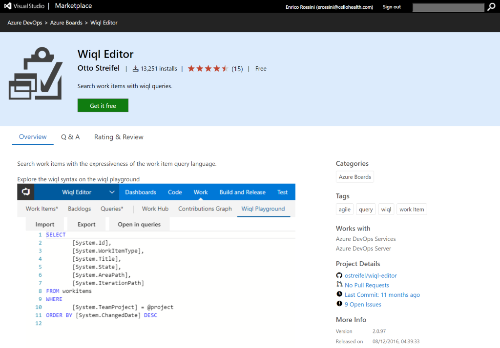 WIQL Editor on Microsoft Marketplace - Query in Azure DevOps for work items