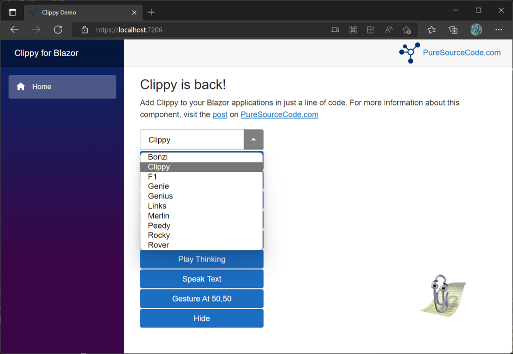 Demo screenshot - Clippy Blazor component