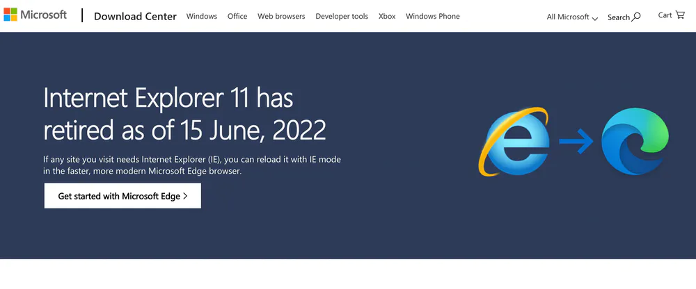 Microsoft webpage - Internet Explorer is dead