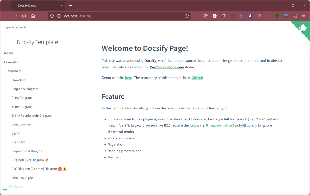 My local Docsify project is running locally - Create documentation with Docsify and GitHub Pages