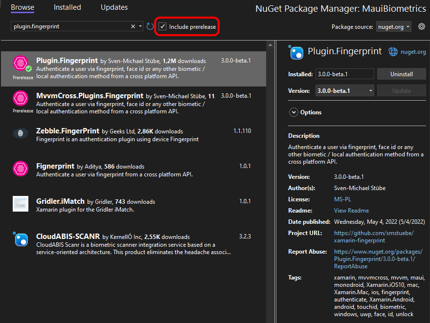 Find the NuGet package include prelease - How to use biometric authentication in MAUI
